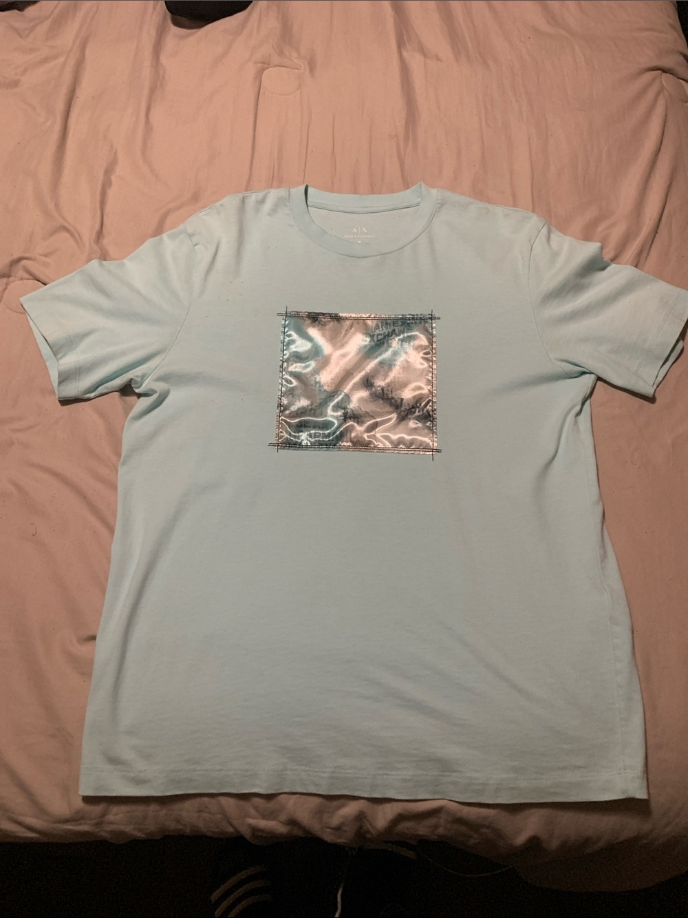 Armani Exchange Pale Blue Short-Sleeve Tee with Metallic Square